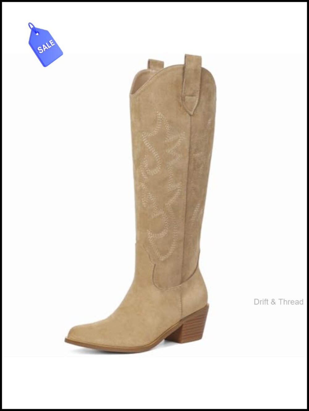 Embroidered Pointed Toe Knee High Western Cowgirl Boots Vegan Leather Chunky